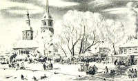 Зимний пейзаж Литография (первая половина XX века), Россия артикул 2203c.